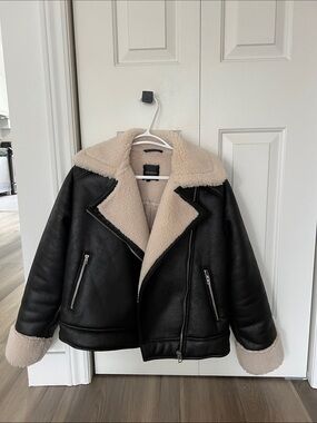 Dynamite Black Faux-Leather Sherpa Jacket with Cream Shearling